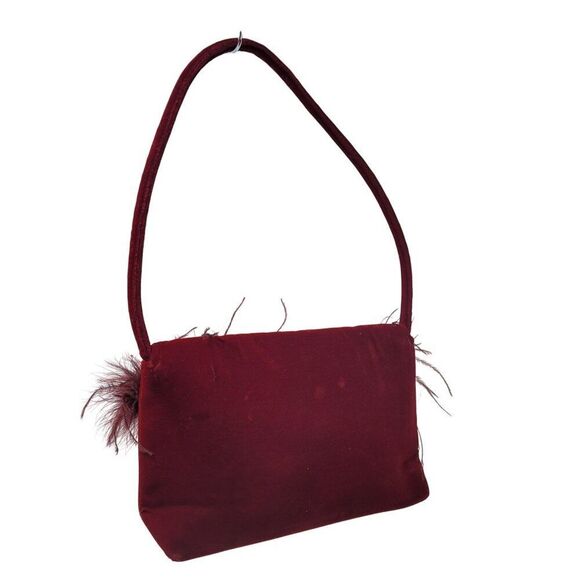 Vtg BeBe Red Maroon Wine Velvet Evening Bag Feather Fringe Formal Shoulder Bag - Picture 2 of 16
